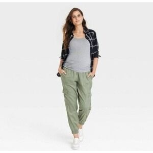 Isabel by Ingrid Maternity Cargo Pant Olive Green XXL Full Belly Band Casual NWT